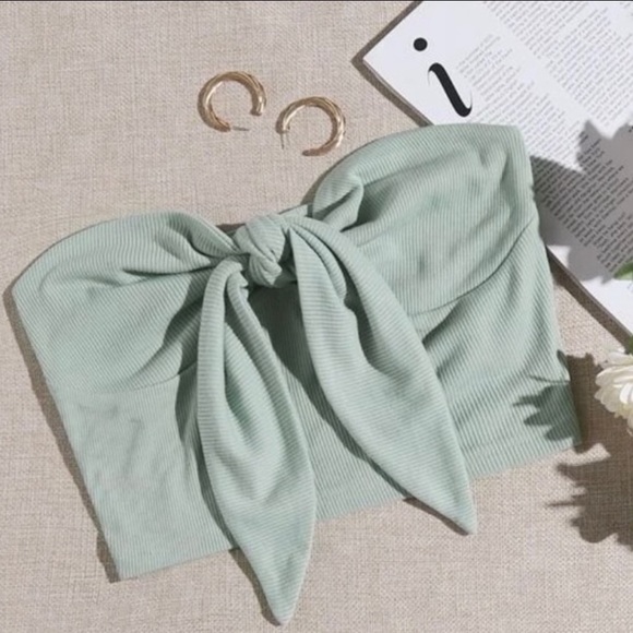 NWT SHEIN Tie-Front Ribbed-Knit Tube Top- Green - Picture 1 of 4